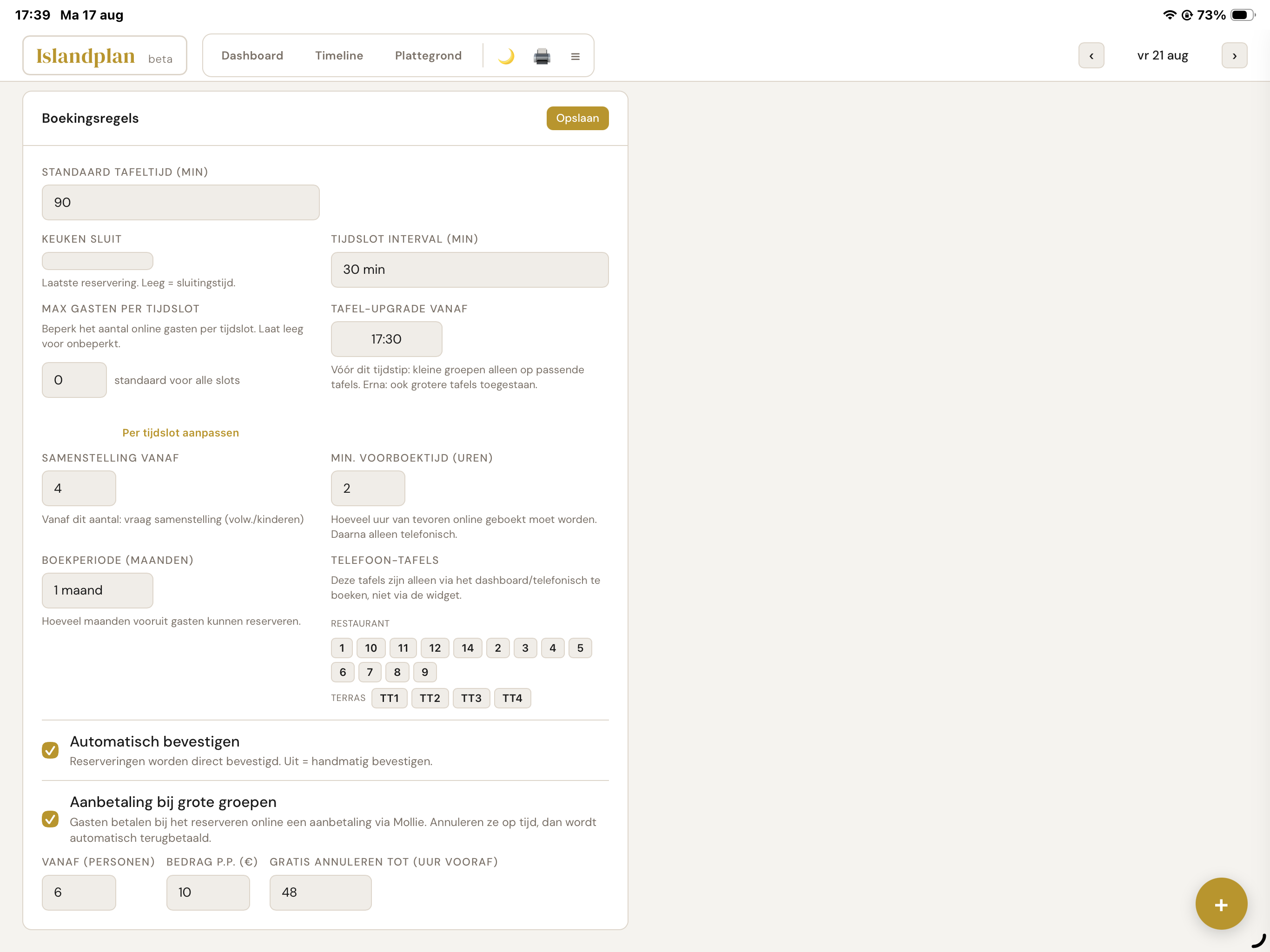 Islandplan-instellingen voor een optionele aanbetaling bij grote groepen