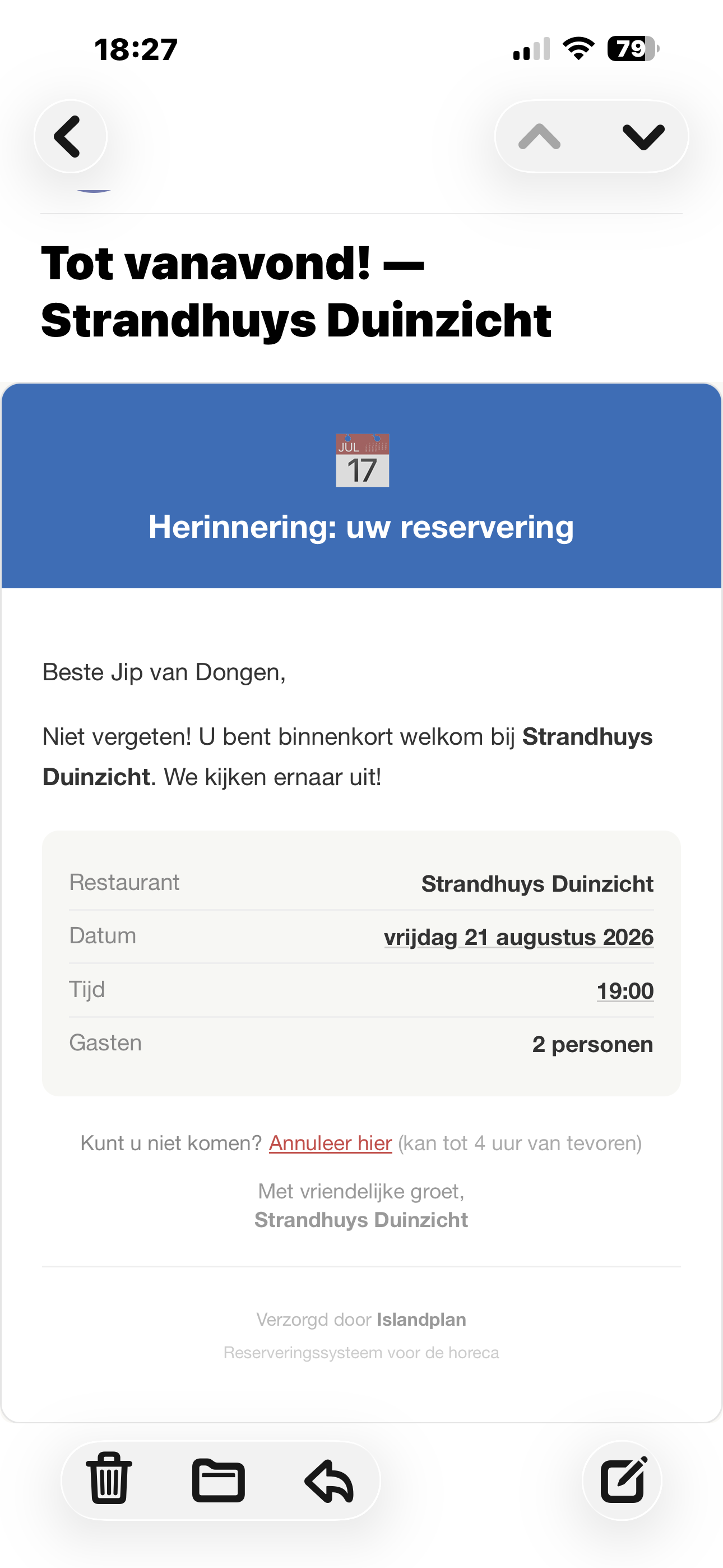 Automatische reserveringsherinnering van Islandplan op een telefoon
