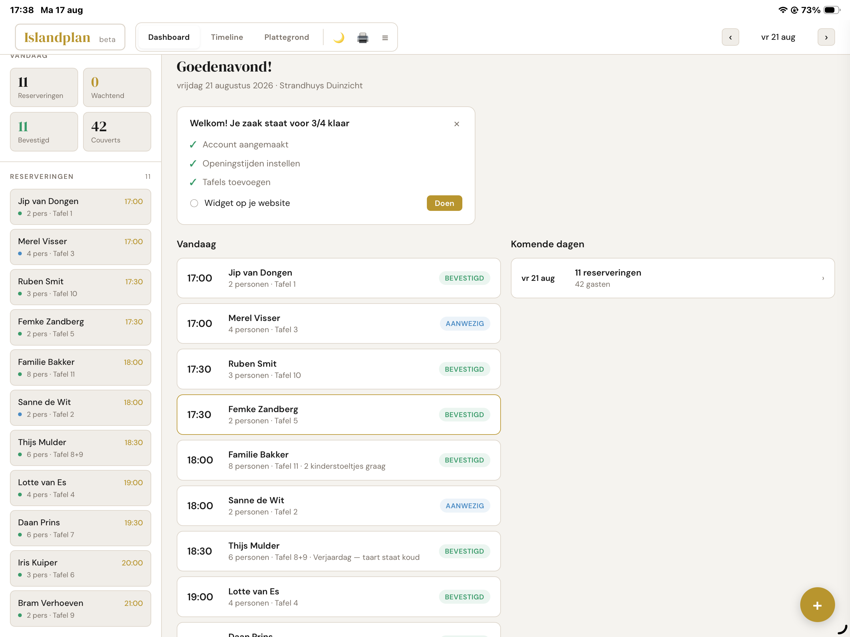 Islandplan-onboarding met de stappen voor het instellen van een restaurant