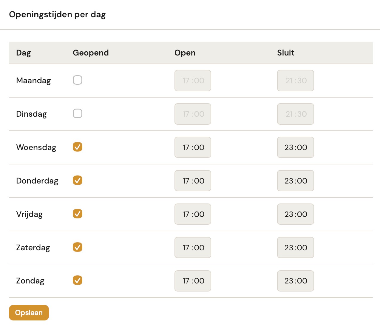Islandplan openingstijden instellen